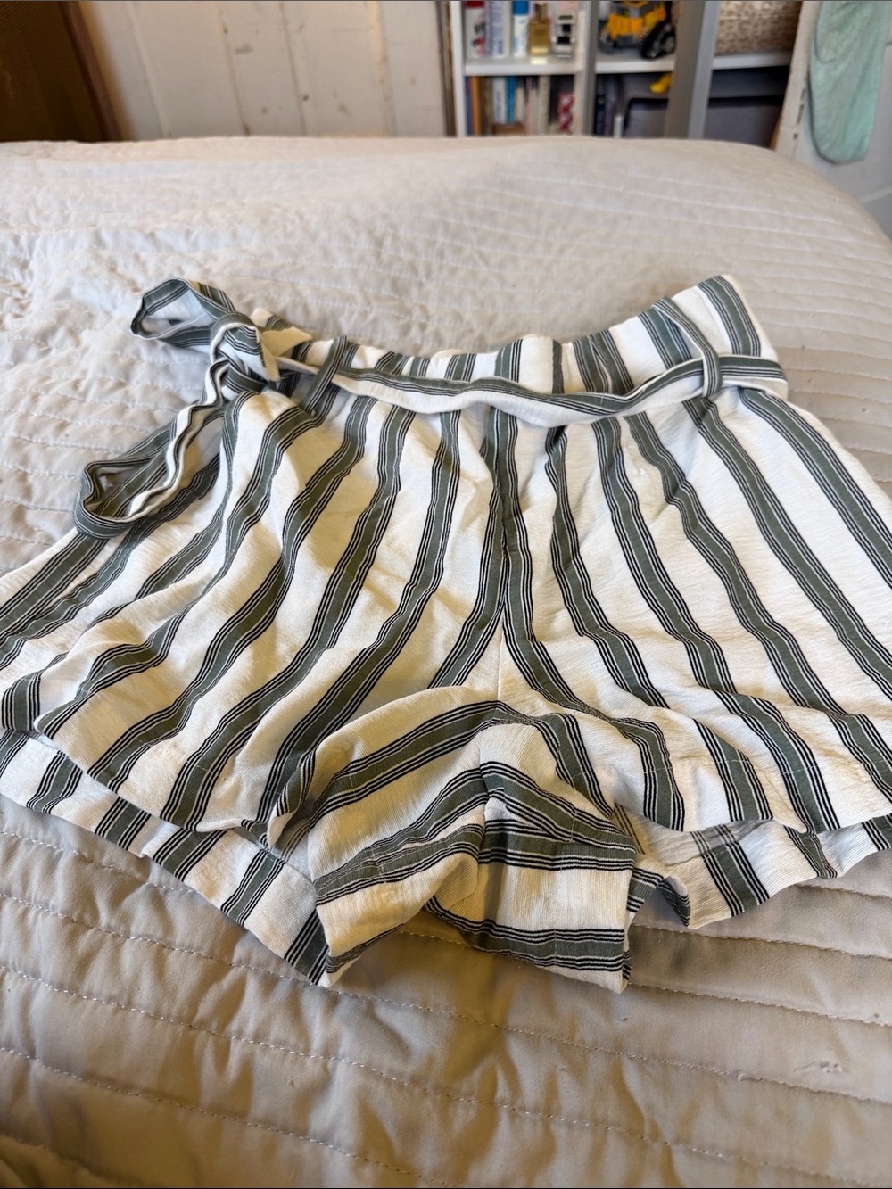 1. State Cream and Green Striped Tie-Waist Skort